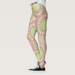 Legging Padrão de Mandala Verde Brilhante e Magenta