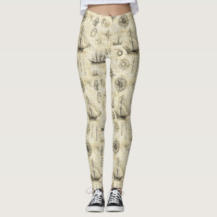 Legging Padrão de Mapa Náutico Vintage com Navios e Bússol