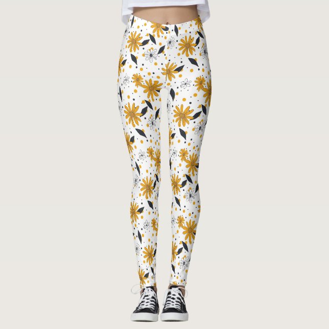Legging Padrão de margarida amarela e branca com folhas es (Frente)