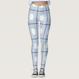 Legging Padrão de Margarida de Xadrez Azul