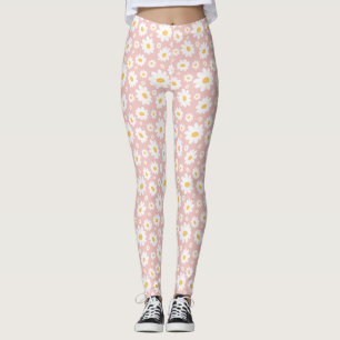 Legging Padrão de Margarida Desenhado à Mão em Rosa Corado