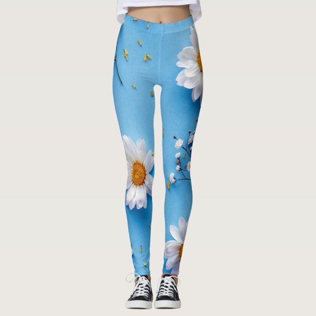 Legging Padrão de margarida floral - Azul claro (Frente)