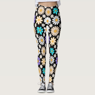 Legging Padrão de margarida retrô simples.01. BG preto
