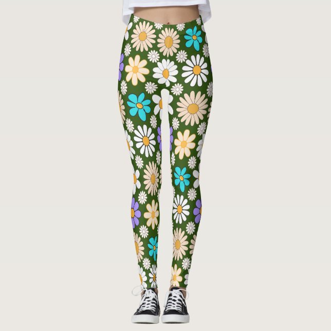 Legging Padrão de margarida retrô simples.01. D Green BG (Frente)