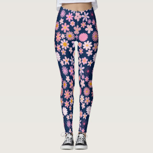 Legging Padrão de margarida rosa 01.bw DBlue BG