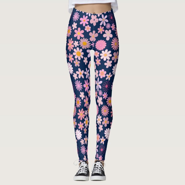 Legging Padrão de margarida rosa 01.bw DBlue BG (Frente)
