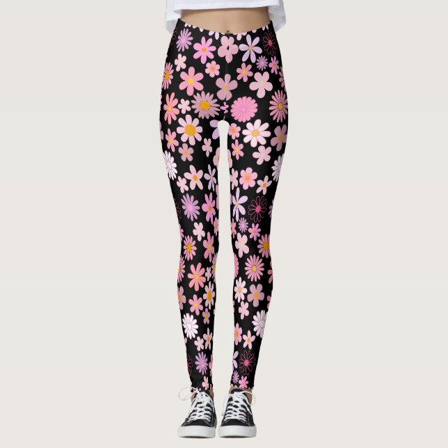 Legging Padrão de margarida rosa 01.bw preto BG (Frente)