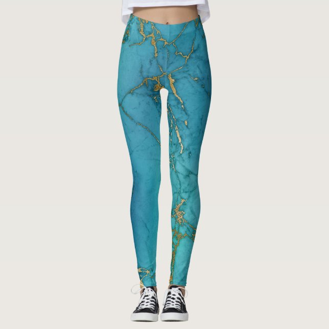 Legging Padrão de Mármaco Azul-Teal Moderno (Frente)