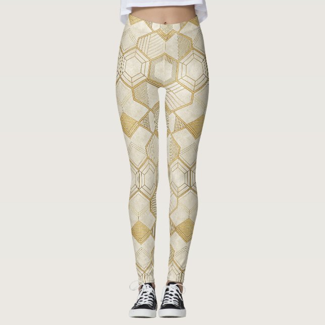 Legging Padrão de Mármore Creme Geométrico Hexágono Dourad (Frente)