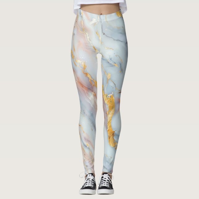 Legging Padrão de Mármore Fluido com Pêssego, Cinza e Dour (Frente)