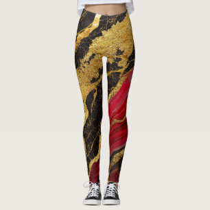 Legging Padrão de Mármore Negro Vermelho com Dourado