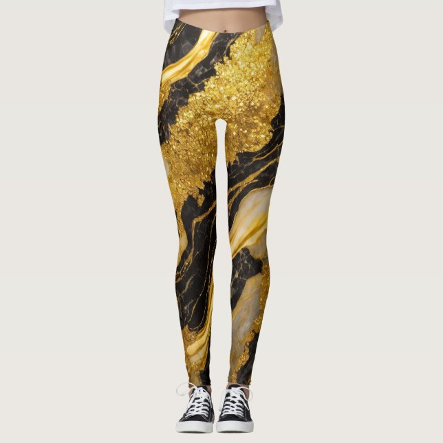 Legging Padrão de mármore preto com Dourado (Frente)