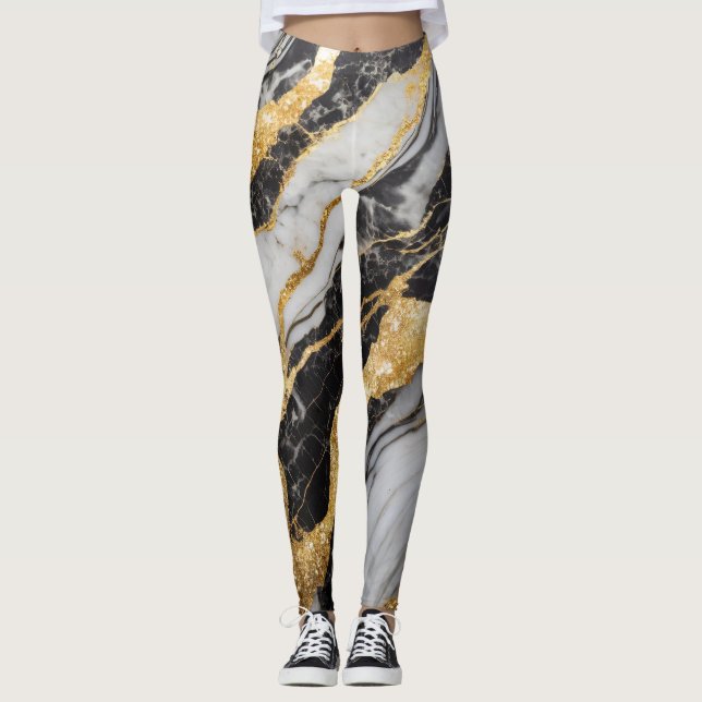 Legging Padrão de mármore preto e branco com Dourado (Frente)