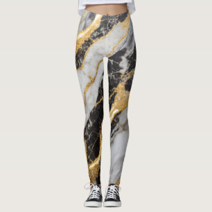 Legging Padrão de mármore preto e branco com Dourado