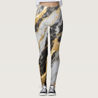 Legging Padrão de mármore preto e branco com Dourado