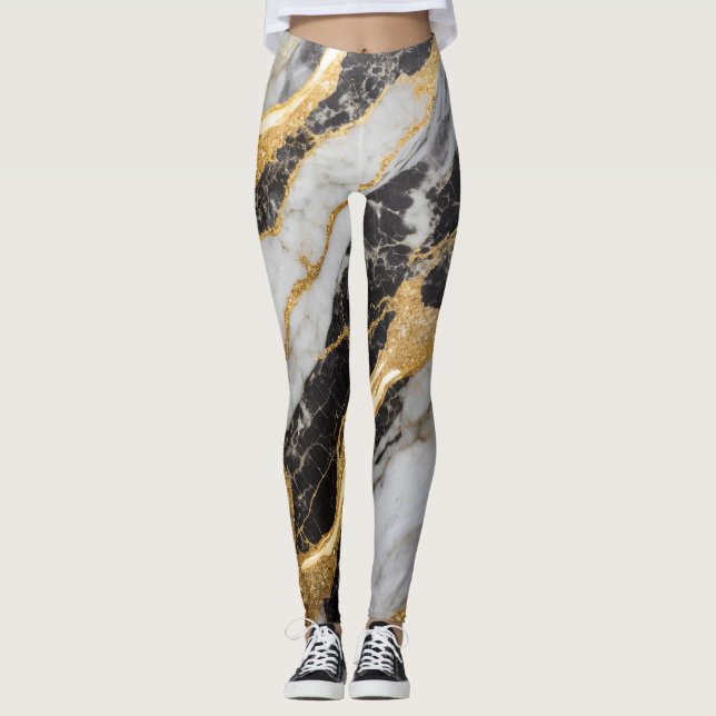 Legging Padrão de mármore preto e branco com Dourado (Frente)
