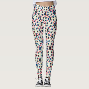 Legging Padrão de Medalhões Botânicos Ornamentais Rosa Azu