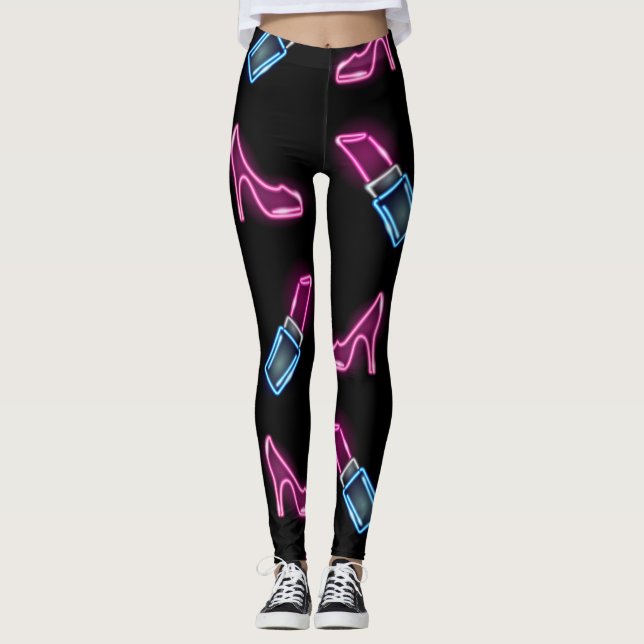 Legging Padrão de Moda com Ícones de Neon. (Frente)