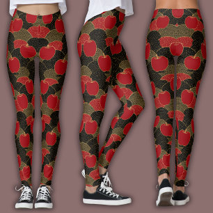 Legging Padrão de Mosaico Oriental   Leque Maçã Vermelha e