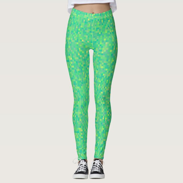 Legging Padrão de mosaico verde/amarelo de pixel na moda (Frente)