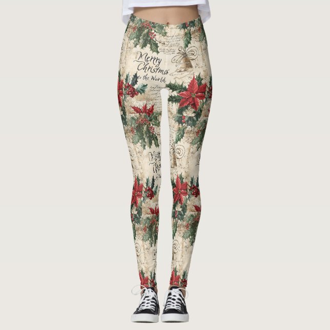 Legging Padrão de Natal Antigo com Azevinho Vintage (Frente)