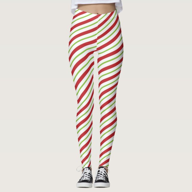 Legging Padrão de Natal da Red Green White Stripes (Frente)