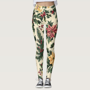 Legging Padrão de Natal de Azevinho Poinsettia Vermelho Cr