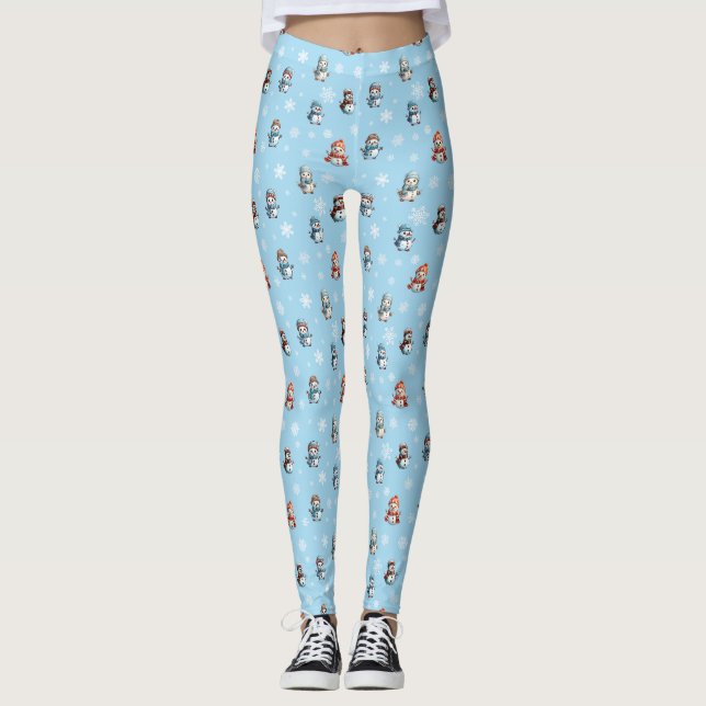 Legging Padrão de Natal de Bonecos de Neve e Flocos de Nev (Frente)