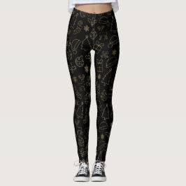 Legging Padrão de Natal em Folha Dourada e Preto Elegante