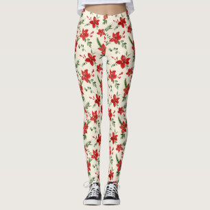 Legging Padrão de Natal Floral Holly Red Verde Feriado