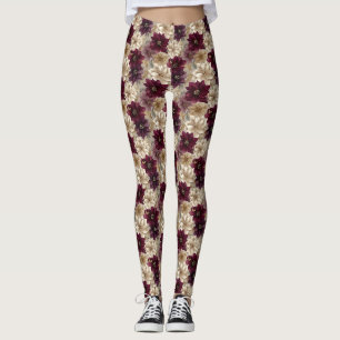 Legging Padrão de Natal Poinsettia Borgonha (5)