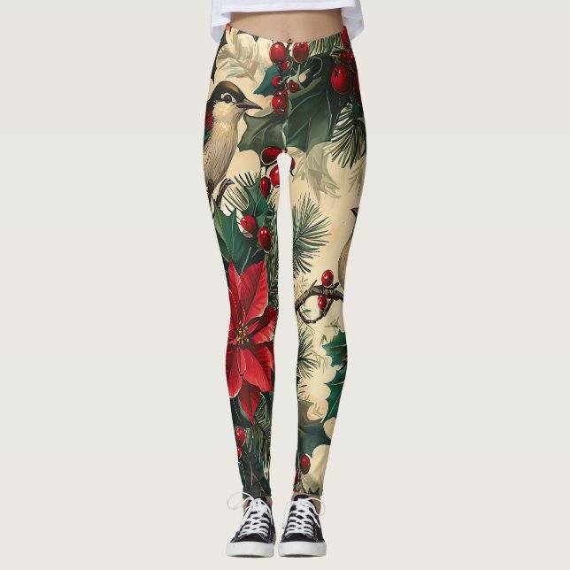 Legging Padrão de Natal Rustic Bird and Poinsettia (13) (Frente)