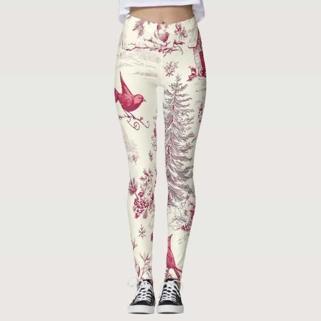 Legging Padrão de Natal Rustic Bird and Poinsettia (17) (Frente)