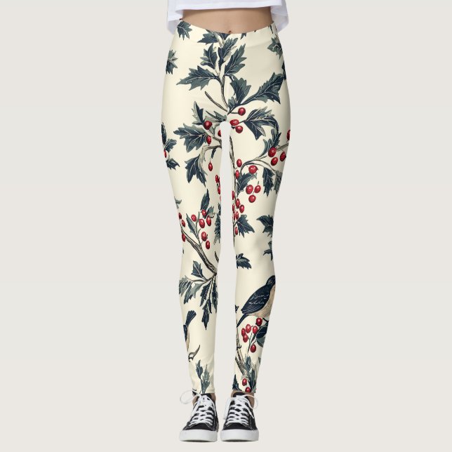 Legging Padrão de Natal Rustic Bird and Poinsettia (18) (Frente)