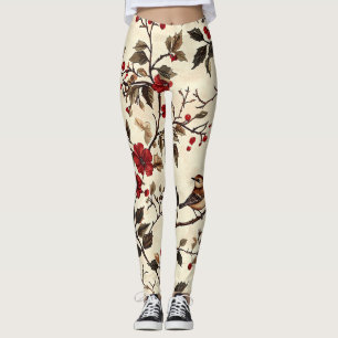 Legging Padrão de Natal Rustic Bird and Poinsettia (22)