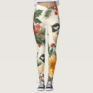 Legging Padrão de Natal Rustic Bird and Poinsettia (9)