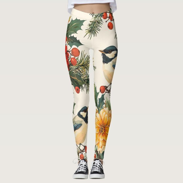 Legging Padrão de Natal Rustic Bird and Poinsettia (9) (Frente)