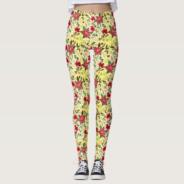 Legging Padrão de Natal sem costura com Flores Vermelhas (Frente)