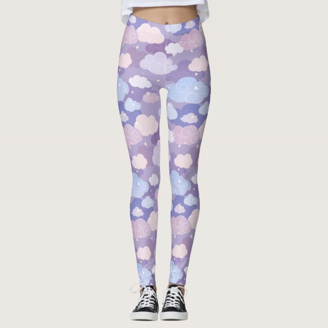 Legging Padrão de Nuvens e Estrelas de Pastel Whimsical (Frente)