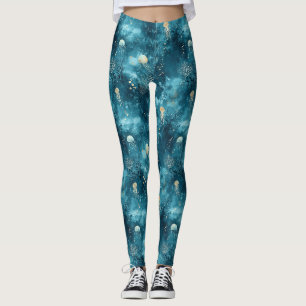 Legging Padrão de Oceano Coral Água-Viva Azul Luxuoso
