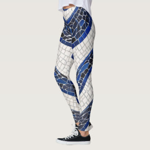 Legging Padrão de onda branca azul 04