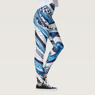 Legging Padrão de onda branca azul 05