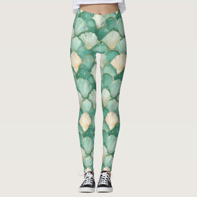 Legging Padrão de Onda de Shell do Mar Dourado em Aqua Tea (Frente)