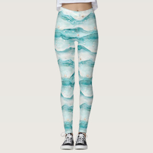 Legging Padrão de Ondas do Oceano Água e Conchas Marinhas