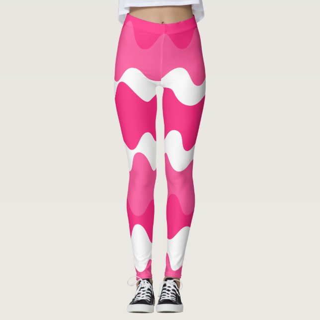 Legging Padrão de ondas horizontais rosa e branco (Frente)