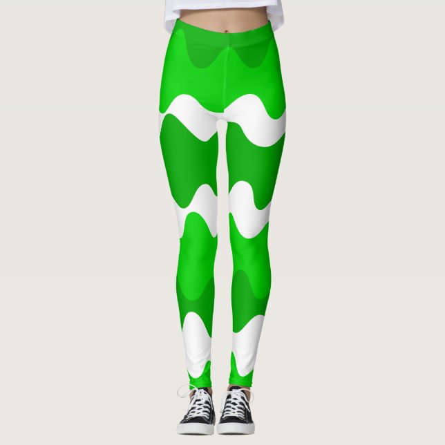 Legging Padrão de ondas horizontais verdes e brancas (Frente)