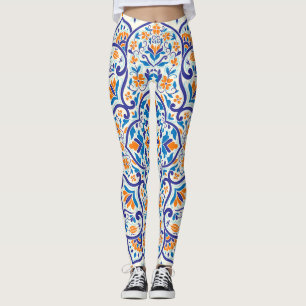 Legging Padrão de Ornamento Azul Laranja de Luxo
