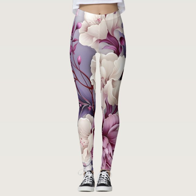 Legging Padrão de Orquídeas Brancas e Violetas (Frente)