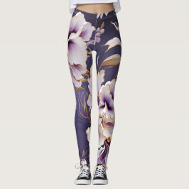 Legging Padrão de orquídeas - Branco violeta e Dourado