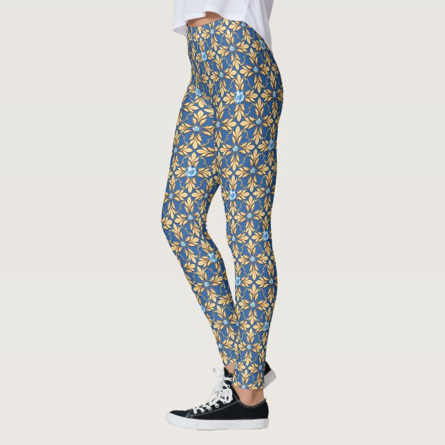 Legging Padrão de ouro sem costura com gemas azuis 1 (Esquerda)